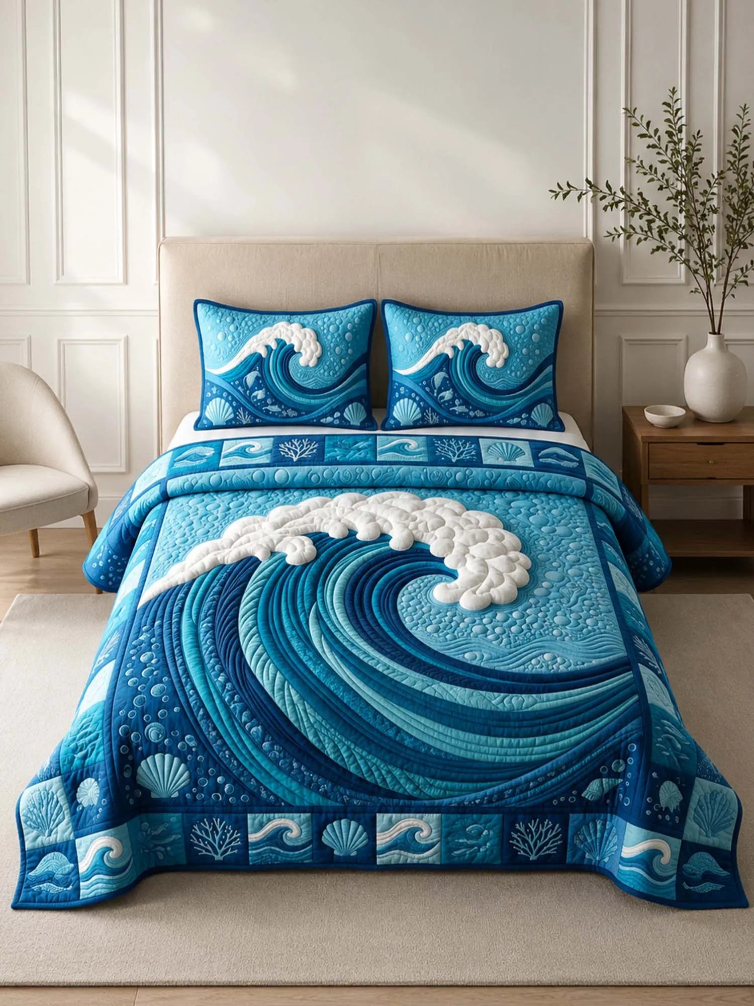 Ocean Wave Quilted 3-Piece Bedding Set – Coastal Inspired Quilted Bedding With Matching Pillow Shams
