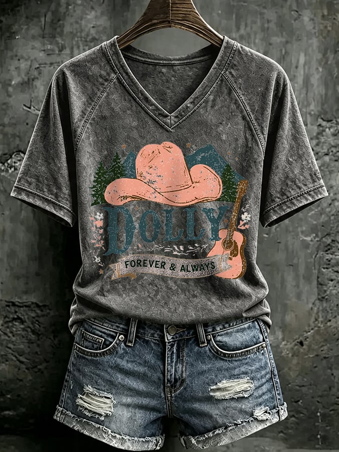 V Neck Retro Dolly Forever And Always Country Music Print T-Shirt