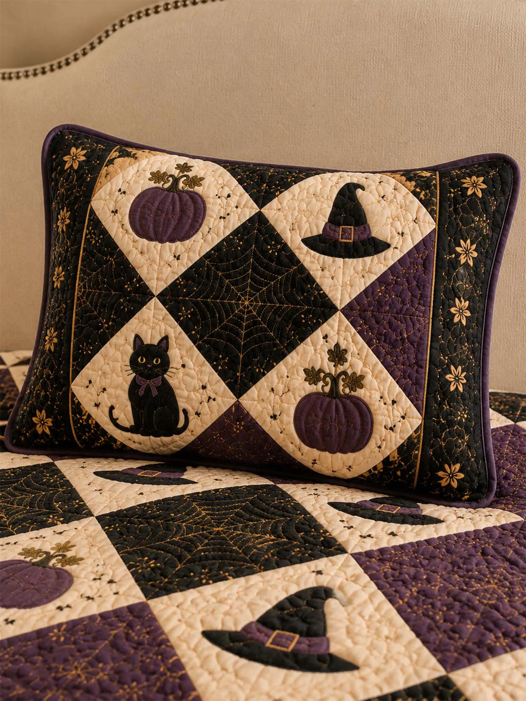 Halloween Cat Pumpkin Quilted 3-Piece Bedding Set