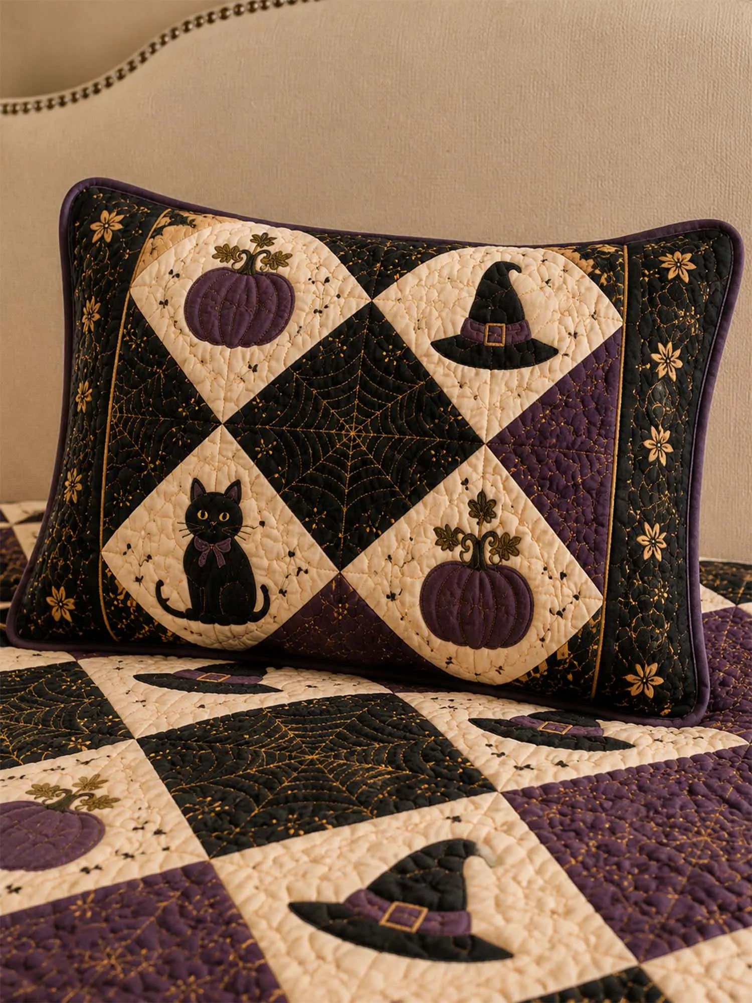 Halloween Cat Pumpkin Quilted 3-Piece Bedding Set