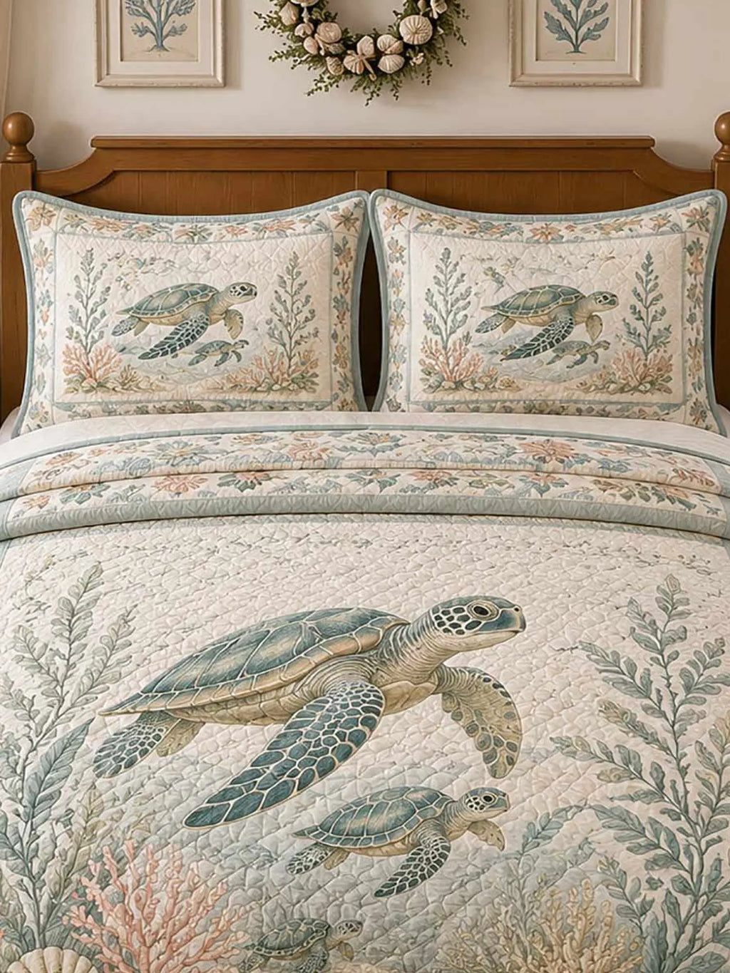Vintage Nautical Ocean Turtle Seagrass Floral 3‐Piece Quilted Bedding Set