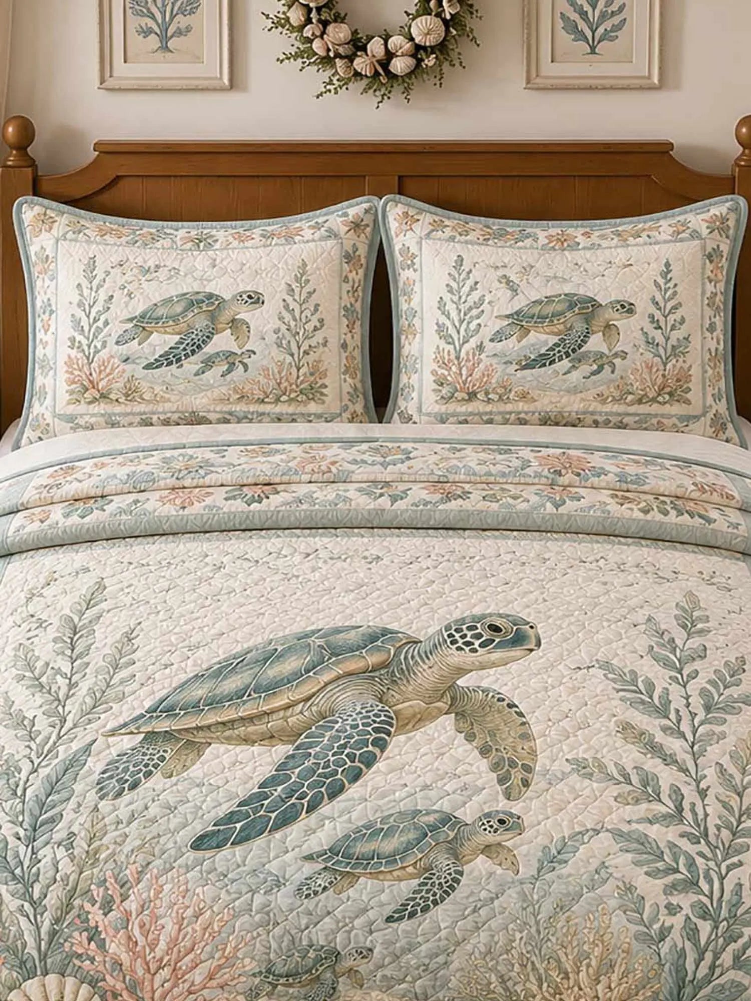 Vintage Nautical Ocean Turtle Seagrass Floral 3‐Piece Quilted Bedding Set