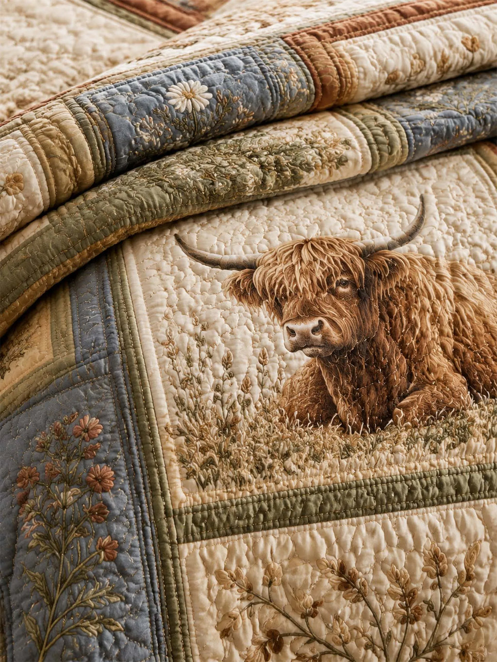 Highland Cow Quilted 3-Piece Bedding Set – Classic Americana Quilted Bedding With Matching Pillow Shams