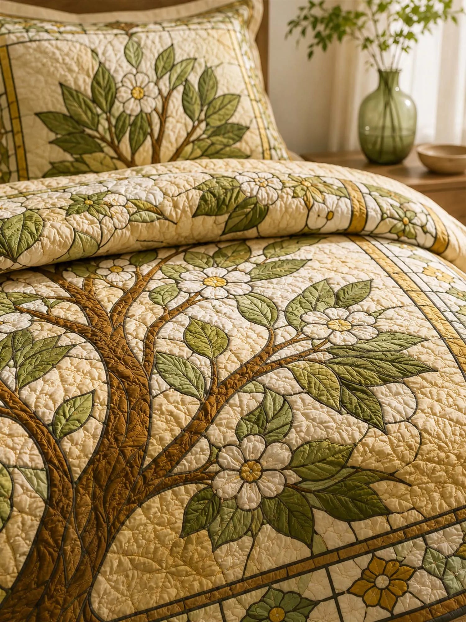 Tree of Life Quilted 3-Piece Bedding Set – Vintage Stained Glass Botanical Quilted Bedding With Matching Pillow Shams