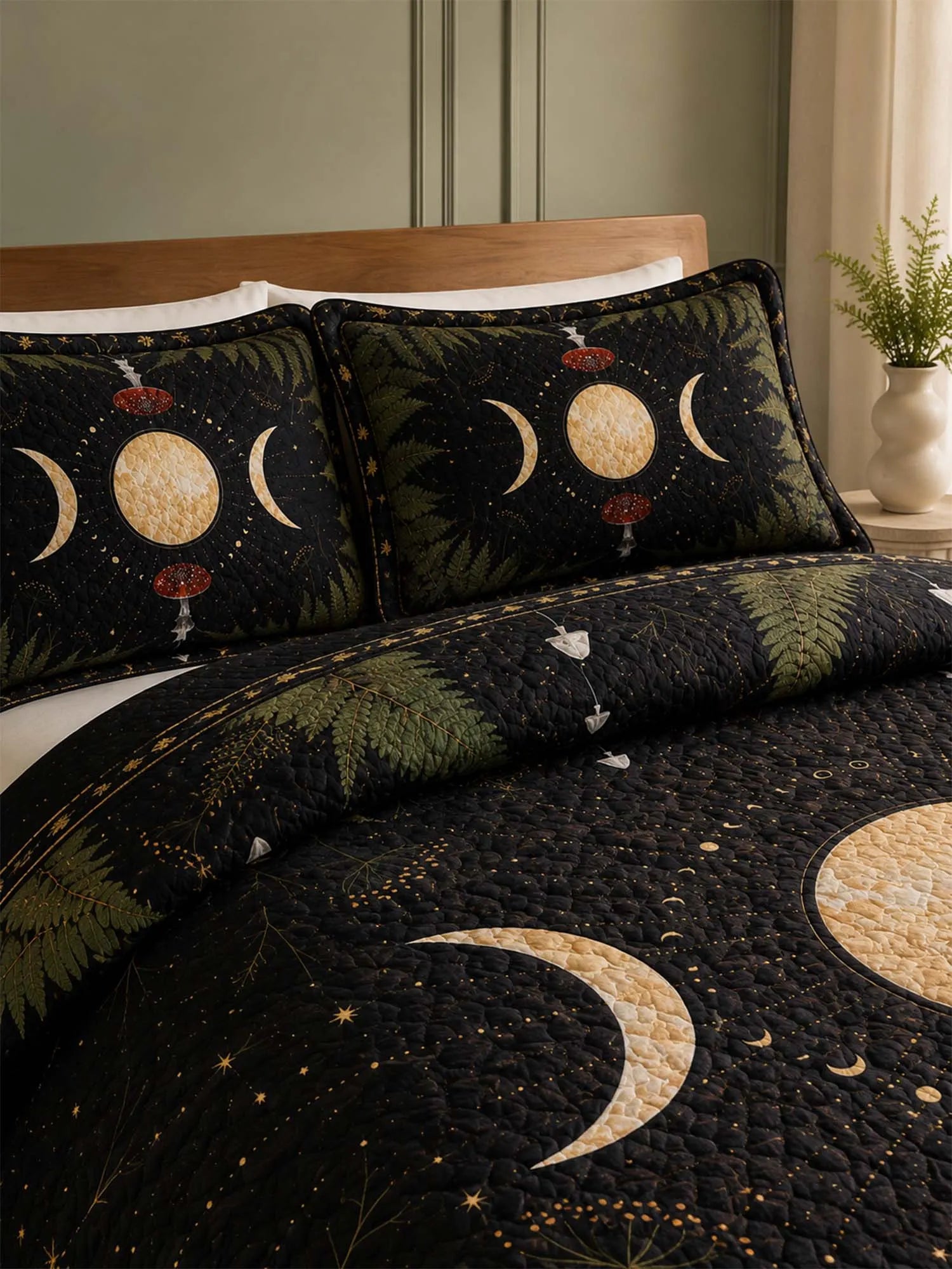 Moonlit Mushroom Forest Quilted 3-Piece Bedding Set – Dark Botanical Quilted Bedding With Matching Pillow Shams