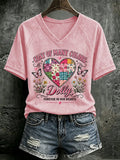 V Neck Retro Coat Of Many Colors Forever In Our Hearts Print T-Shirt
