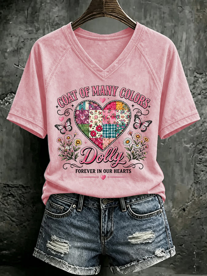 V Neck Retro Coat Of Many Colors Forever In Our Hearts Print T-Shirt