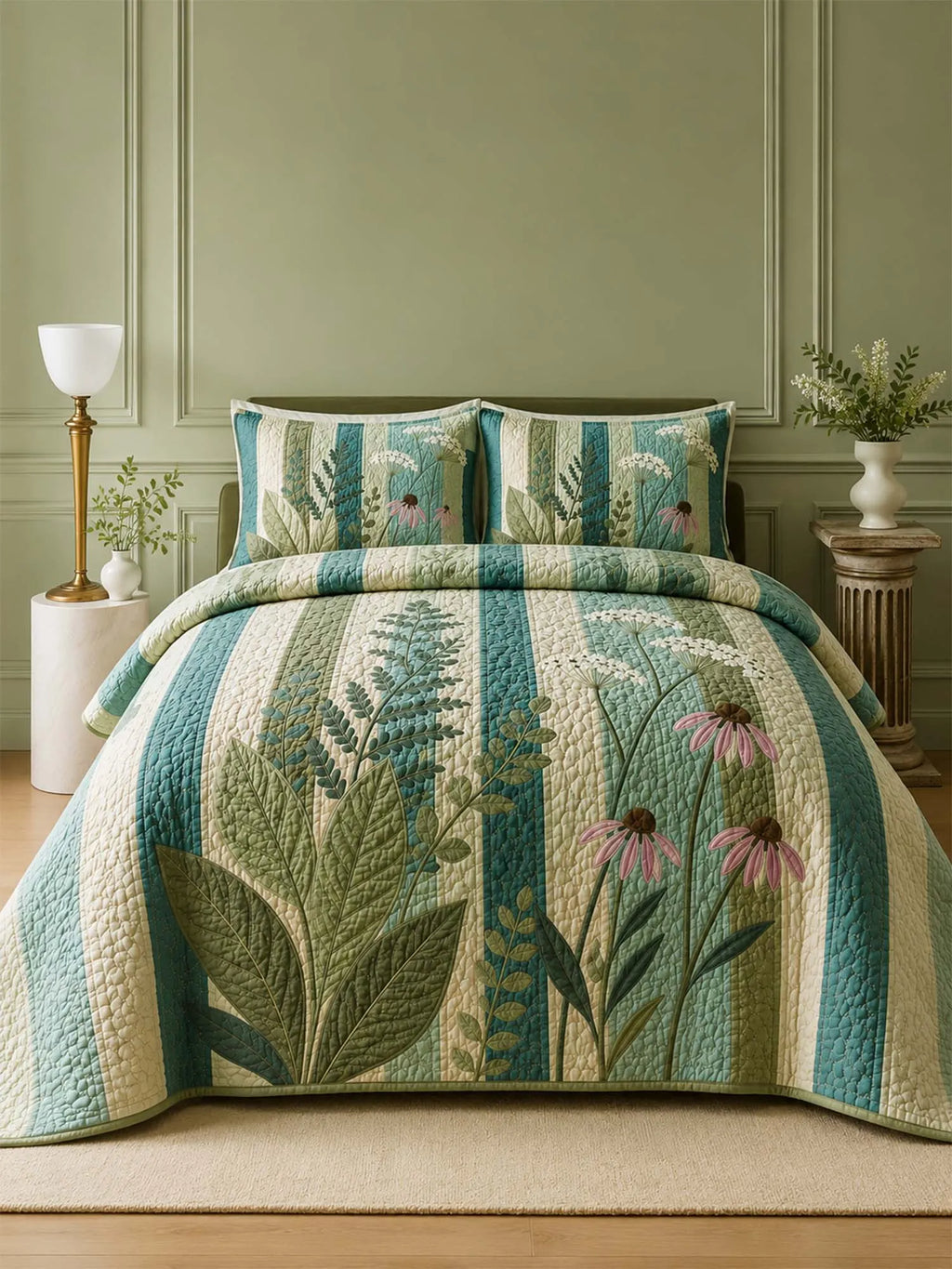 Wildflower Meadow Quilted 3-Piece Bedding Set – Cottage Garden Quilted Bedding With Matching Pillow Shams