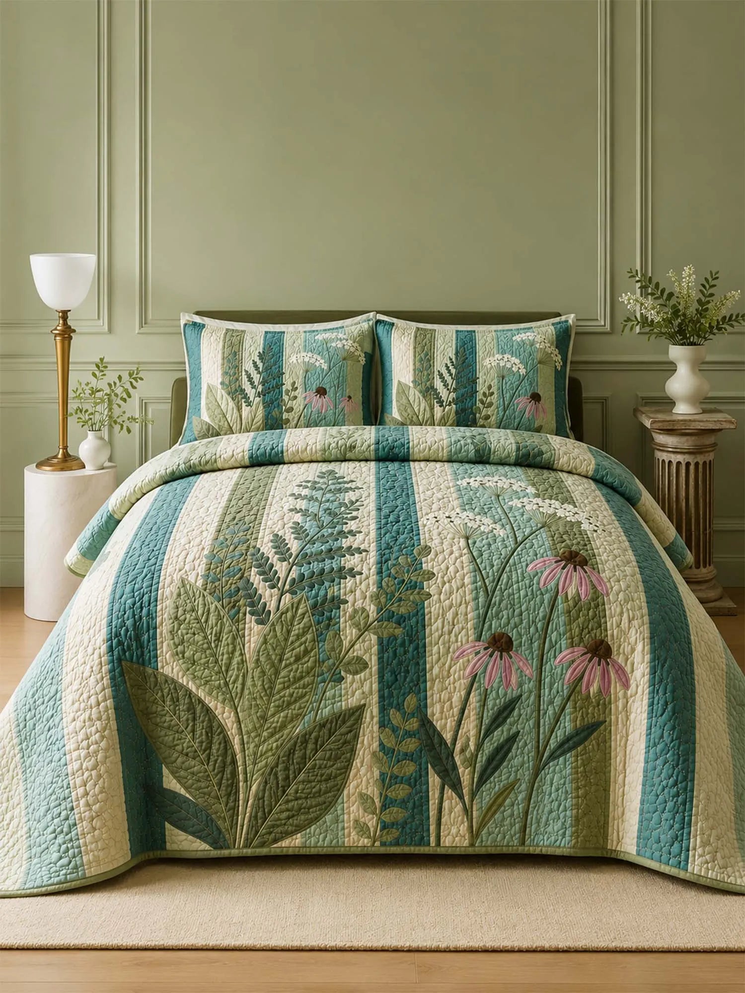Wildflower Meadow Quilted 3-Piece Bedding Set – Cottage Garden Quilted Bedding With Matching Pillow Shams
