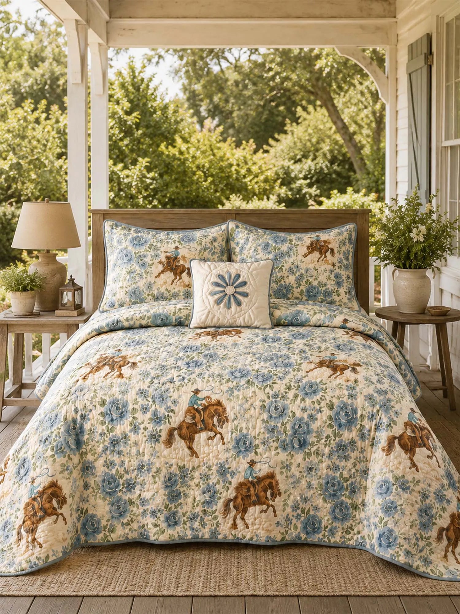 Western Floral Horse Quilted 3-Piece Bedding Set – Luxury Quilted Bedding with Matching Pillow Shams