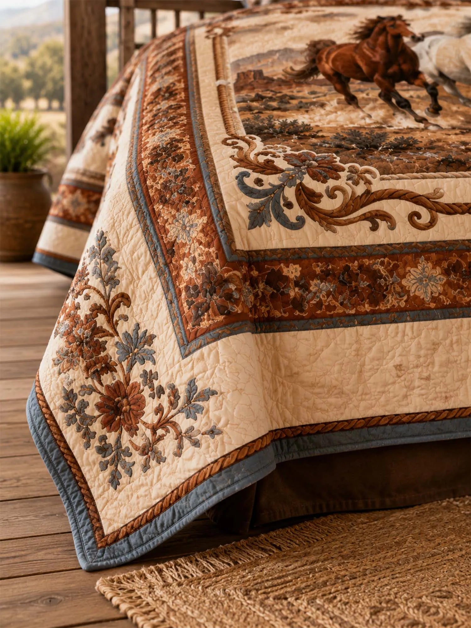 Equestrian Horse Patchwork Quilted 3-Piece Bedding Set – Vintage Country Quilted Bedding with Matching Pillow Shams