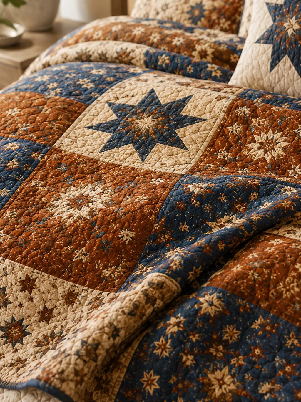 Vintage Patchwork Star Quilted 3-Piece Bedding Set – Heritage Farmhouse Quilted Bedding with Matching Pillow Shams