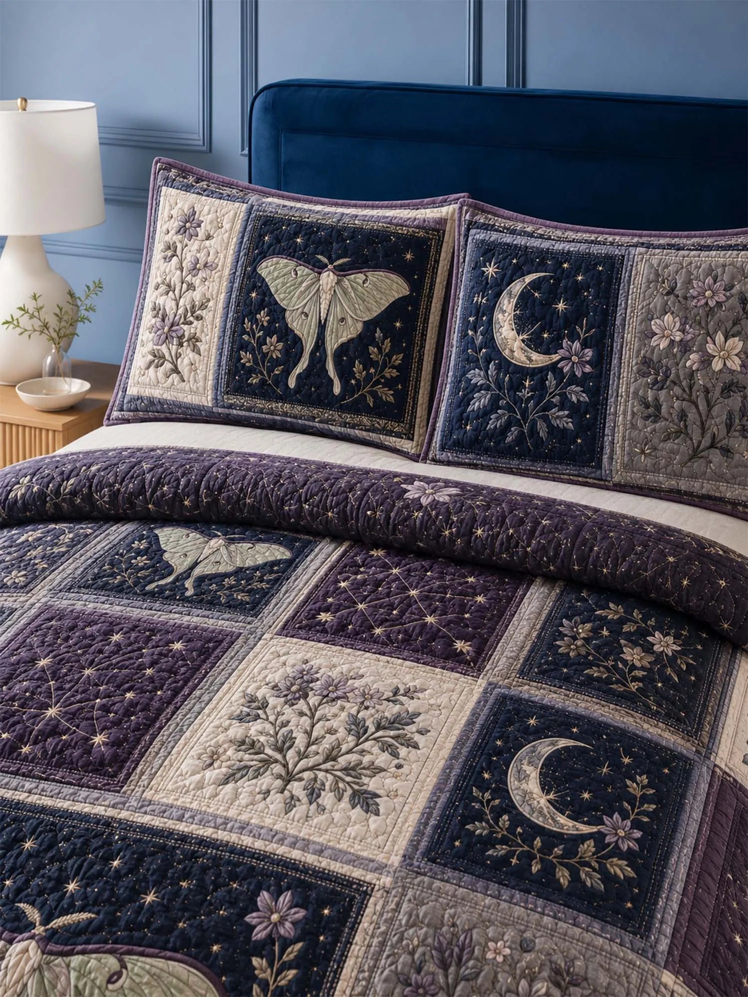 Luna Moth Quilted 3-Piece Bedding Set – Classic Americana Quilted Bedding With Matching Pillow Shams