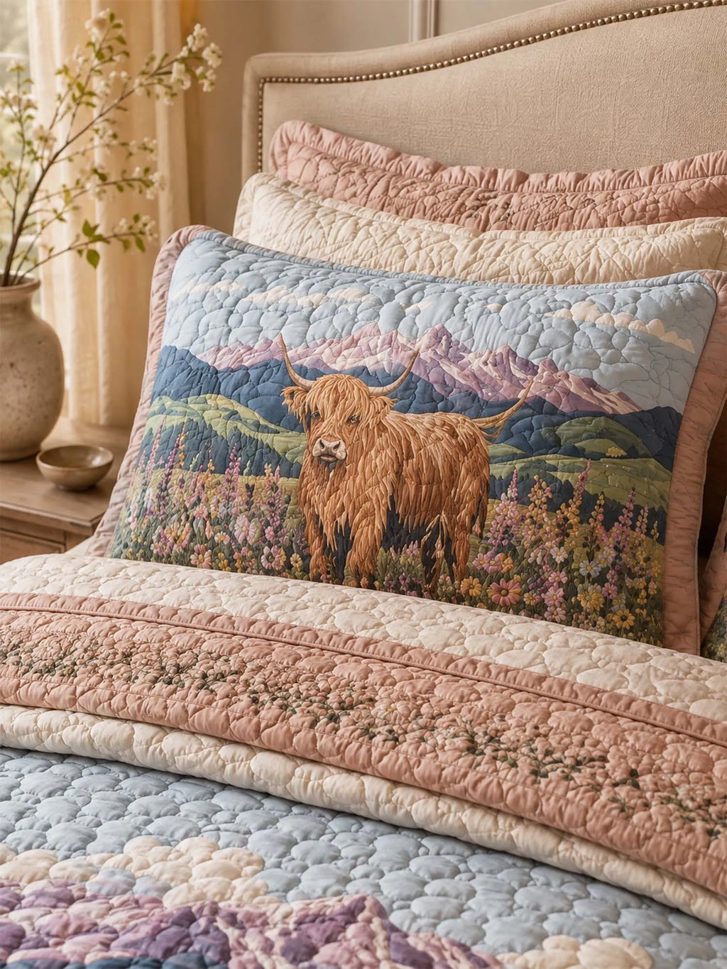 Highland Cow Wildflower Meadow Quilted 3-Piece Bedding Set