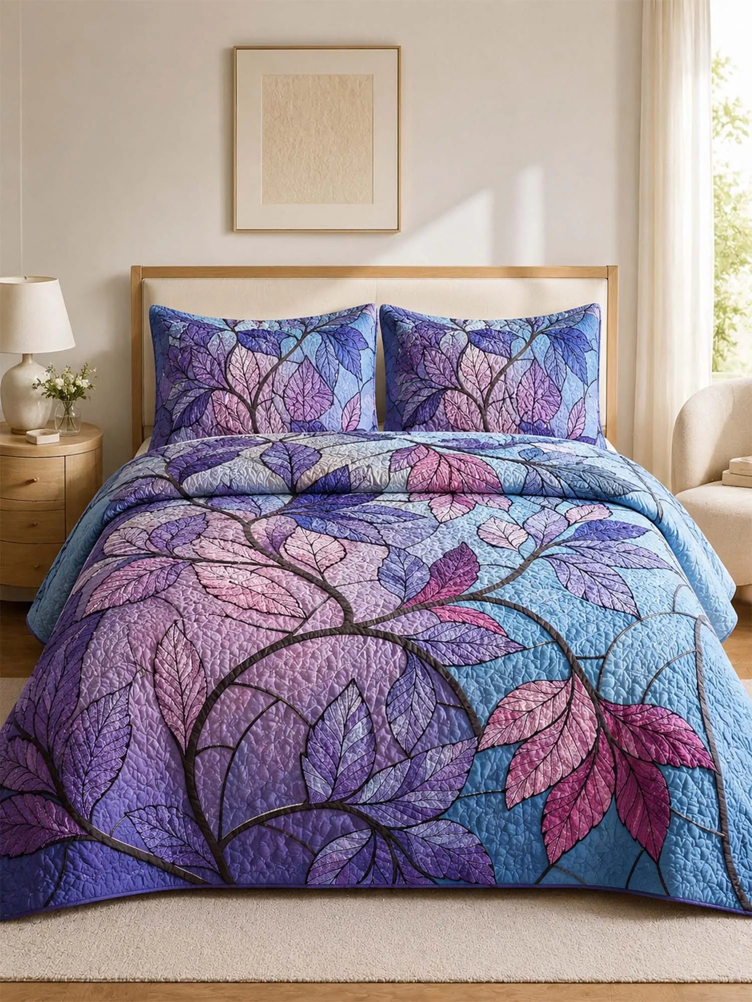 Purple Leaf Botanical Quilted 3-Piece Bedding Set