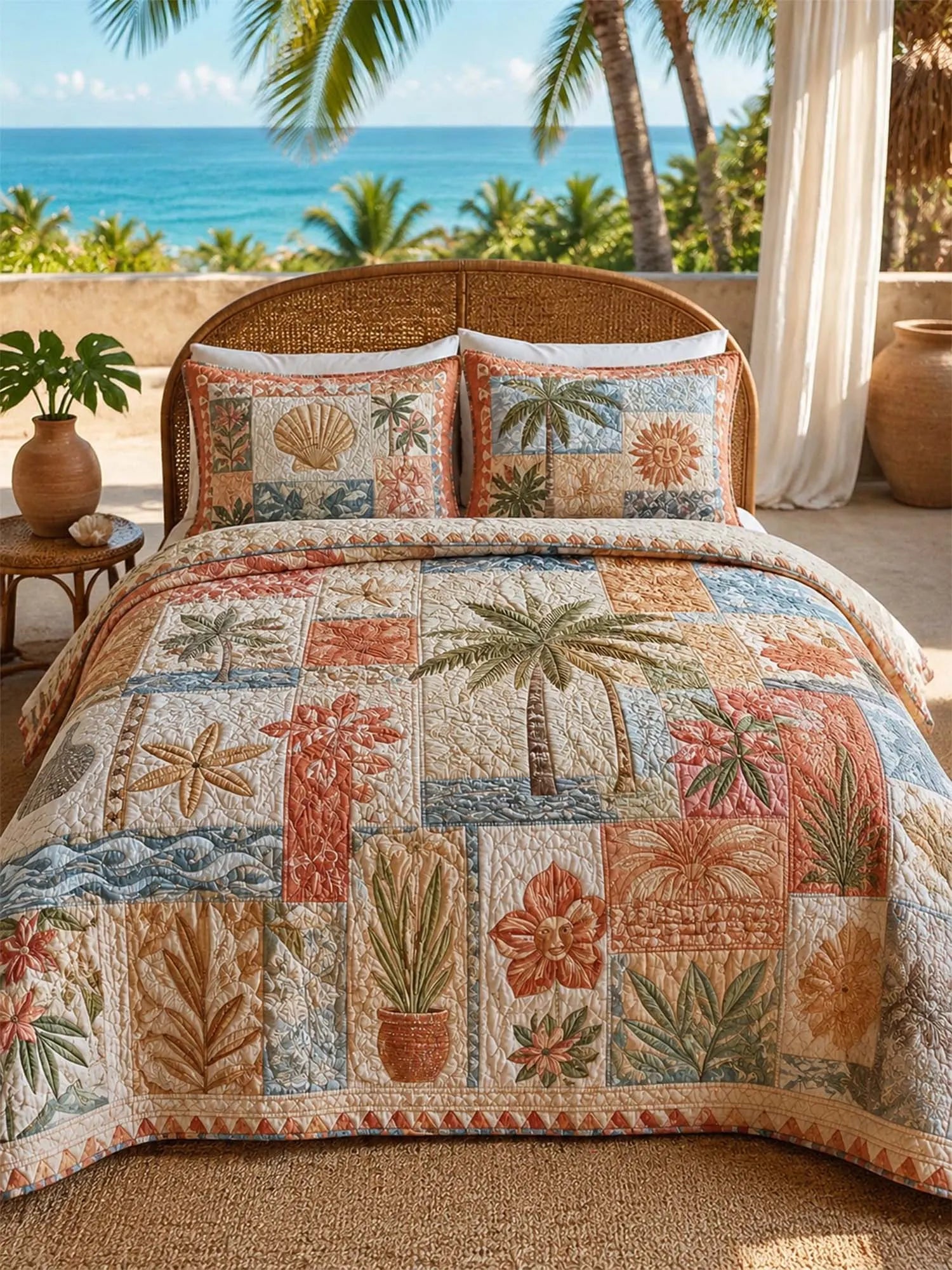 Tropical Botanical Quilted 3-Piece Bedding Set – Luxury Quilted Bedding with Matching Pillow Shams