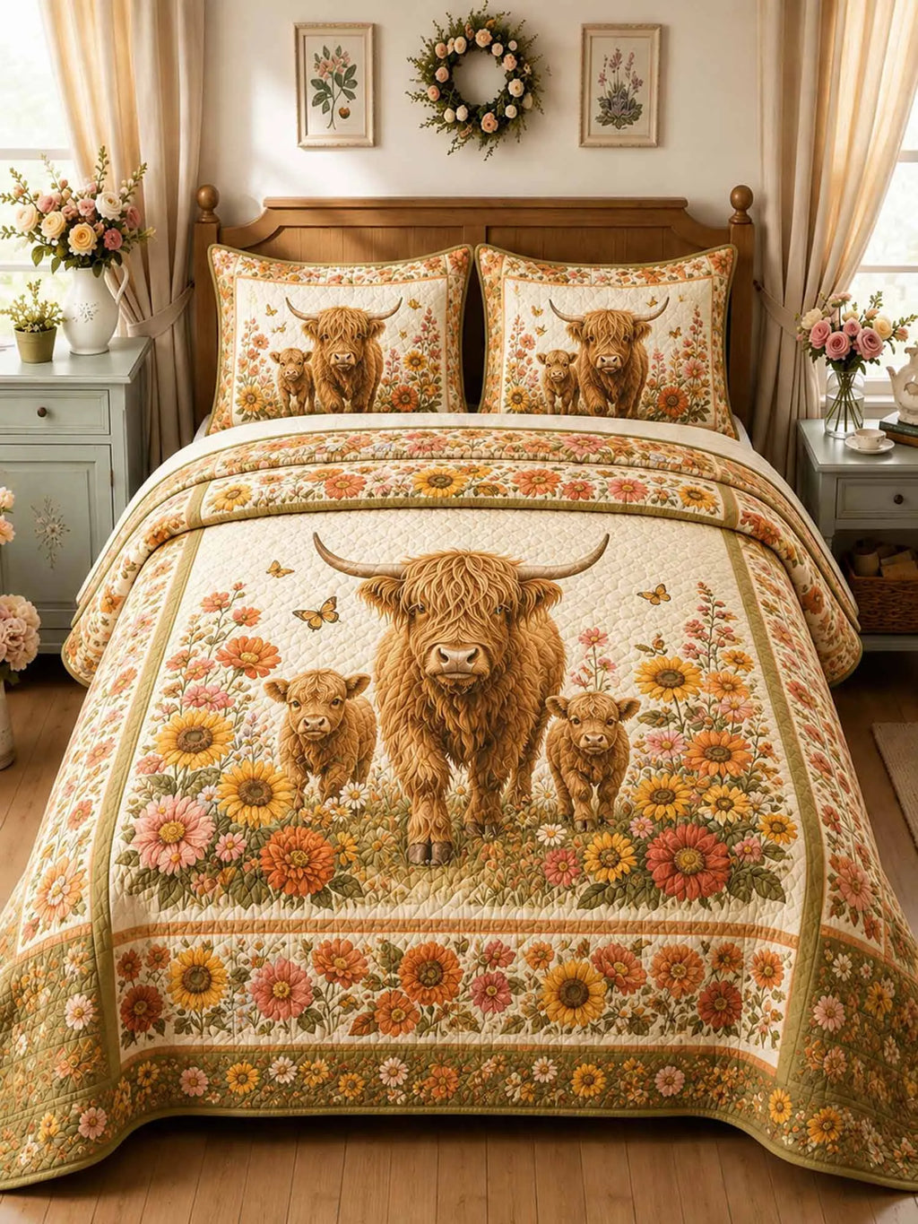 Garden Highland Cow Gathering 3-Piece Quilted Bedding Set