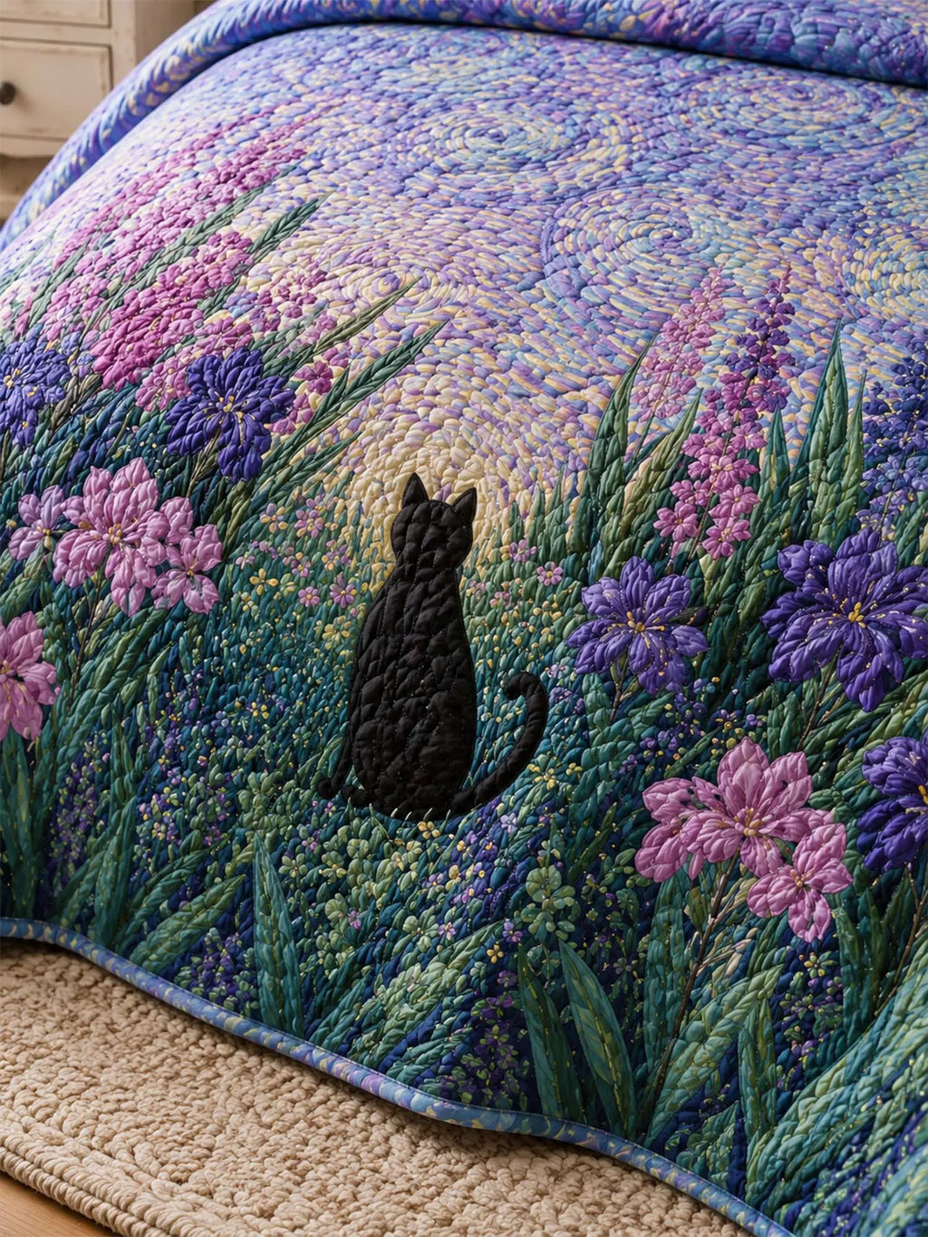 Twilight Wildflower Cat Quilted 3-Piece Bedding Set