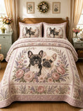 Pink Peony French Bulldog Couple Floral 3‐Piece Quilted Bedding Set