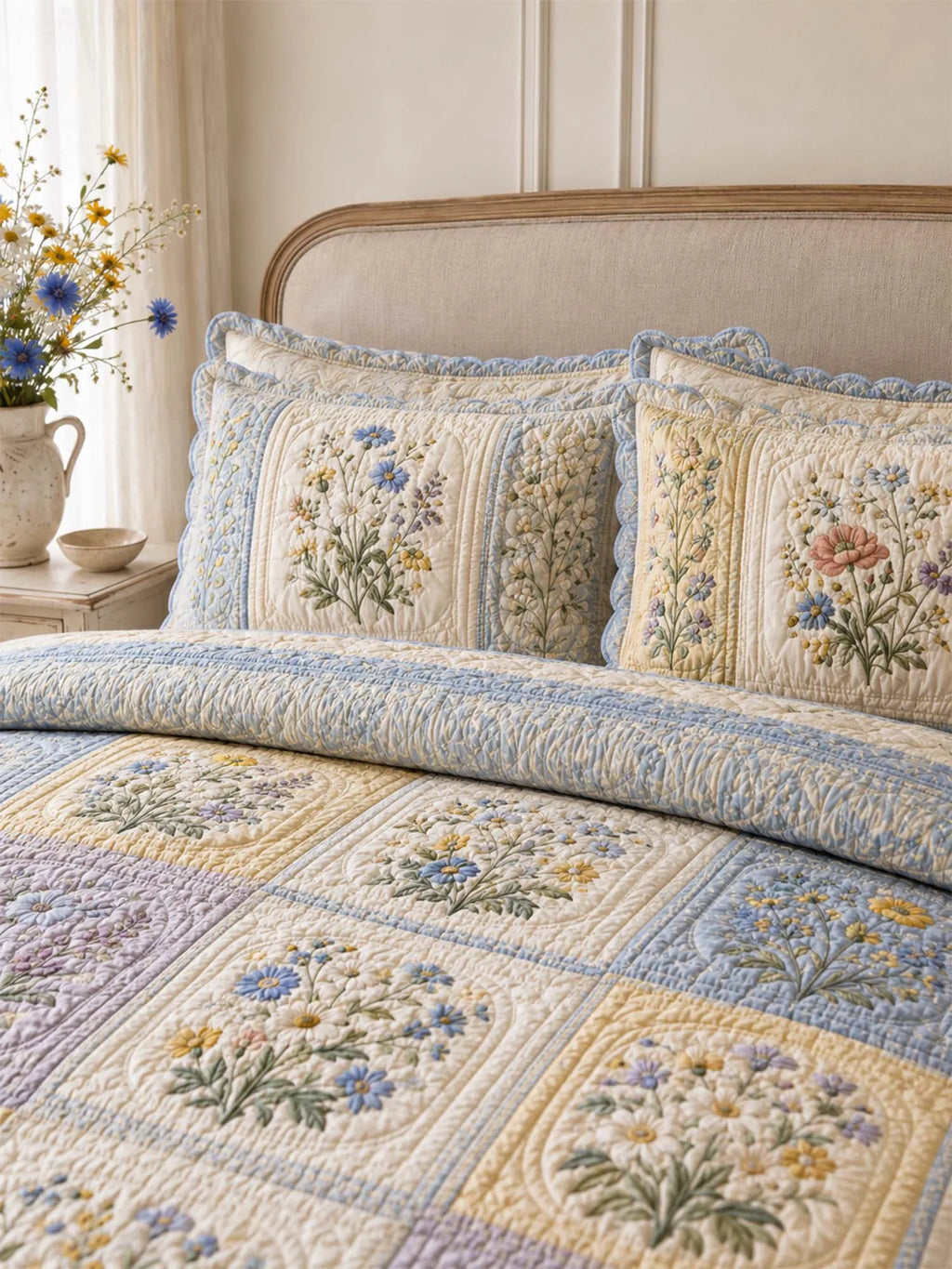 Wildflower Quilted 3-Piece Bedding Set – Classic Americana Quilted Bedding With Matching Pillow Shams