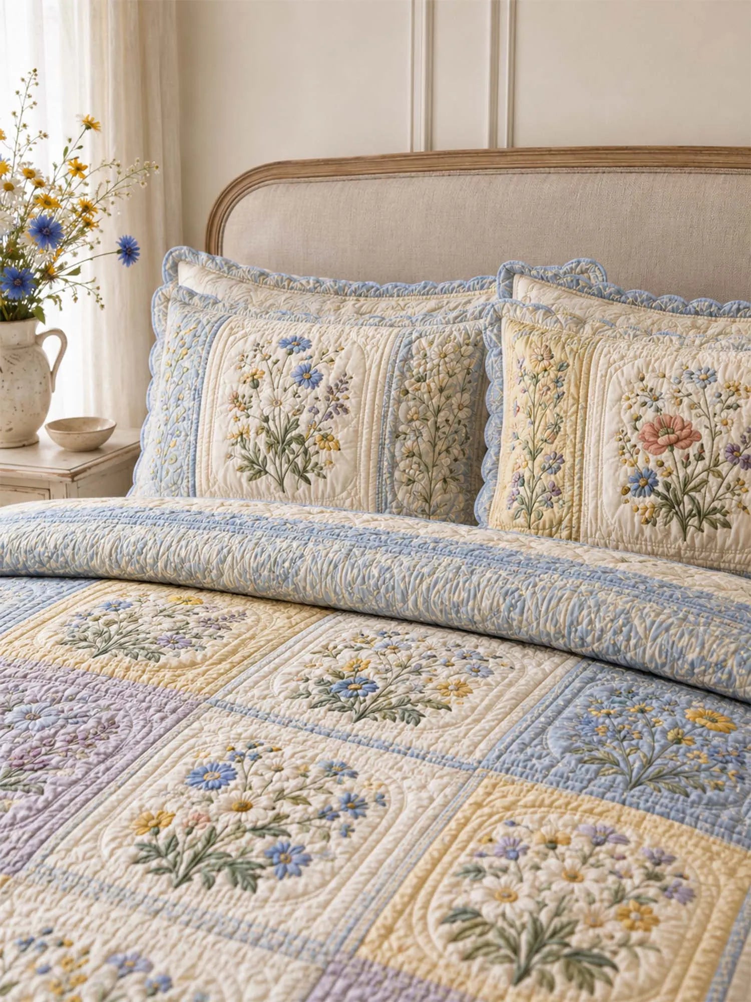 Wildflower Quilted 3-Piece Bedding Set – Classic Americana Quilted Bedding With Matching Pillow Shams