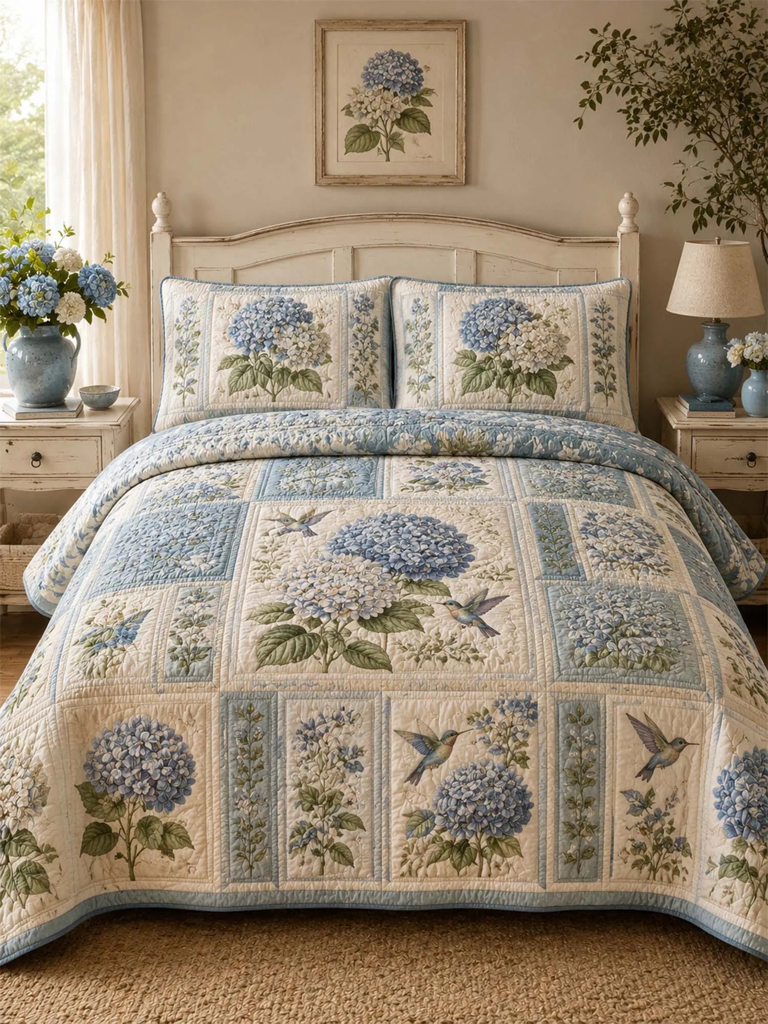 Blue Hydrangea Quilted 3-Piece Bedding Set – Classic Americana Quilted Bedding With Matching Pillow Shams