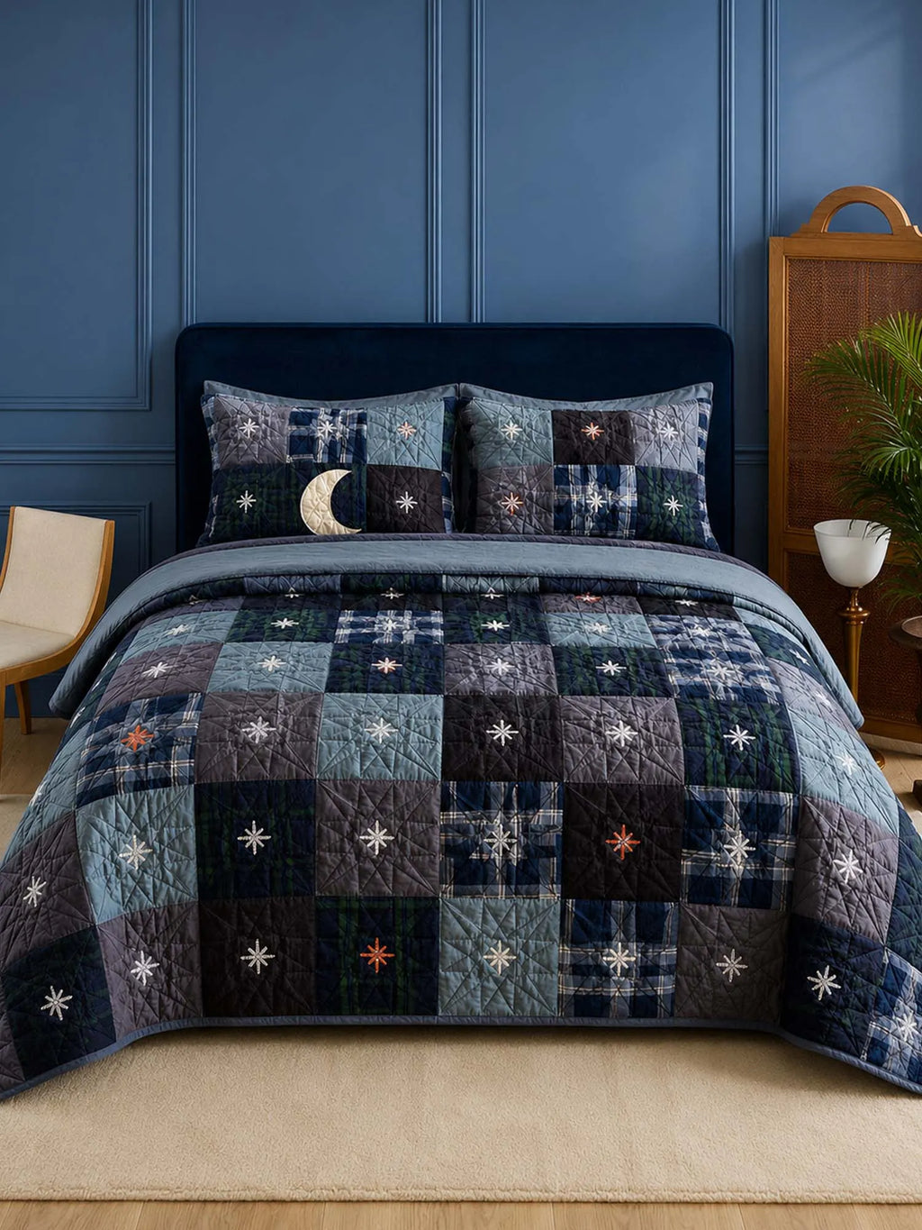 Midnight Star Quilted 3-Piece Bedding Set – Dark Americana Quilted Bedding With Matching Pillow Shams