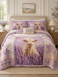 Highland Cow Lavender Field Quilted 3-Piece Bedding Set