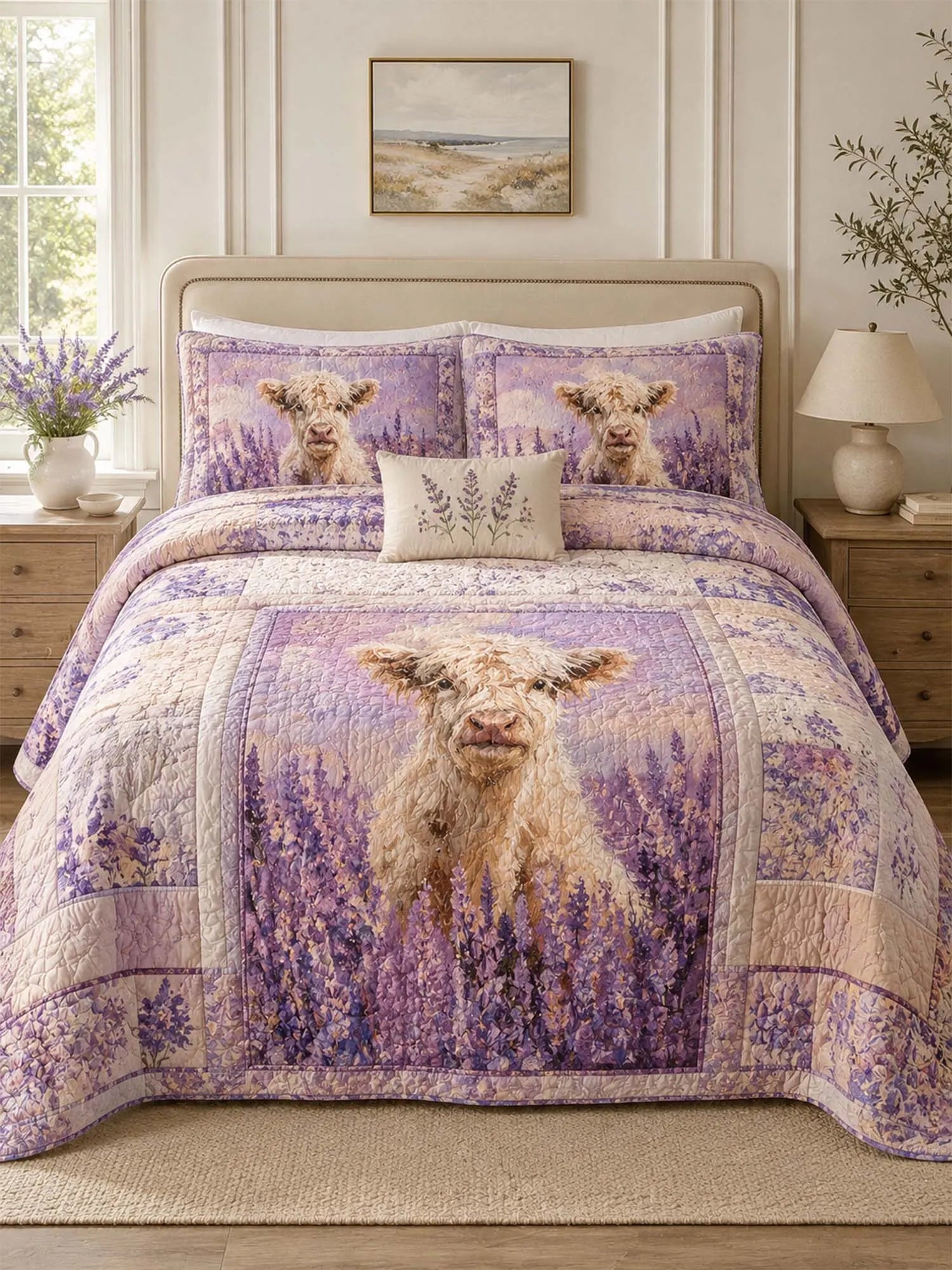 Highland Cow Lavender Field Quilted 3-Piece Bedding Set
