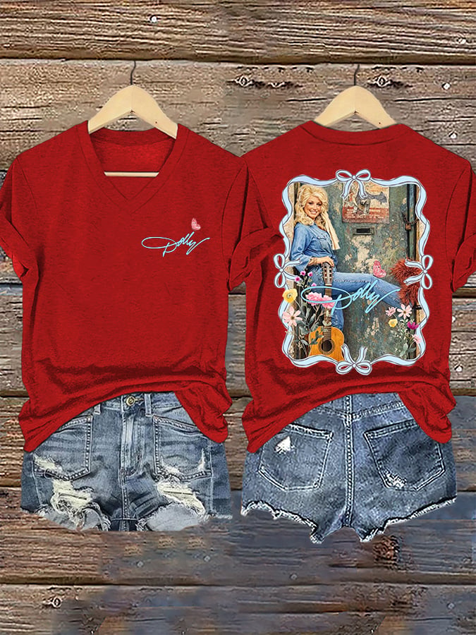 V-Neck Retro Dolly Queen Of Country Print T-Shirt