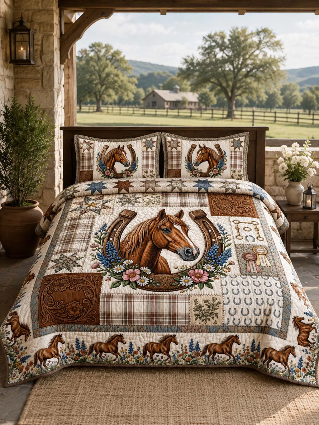 Western Horse Quilted 3-Piece Bedding Set – Luxury Quilted Bedding with Matching Pillow Shams