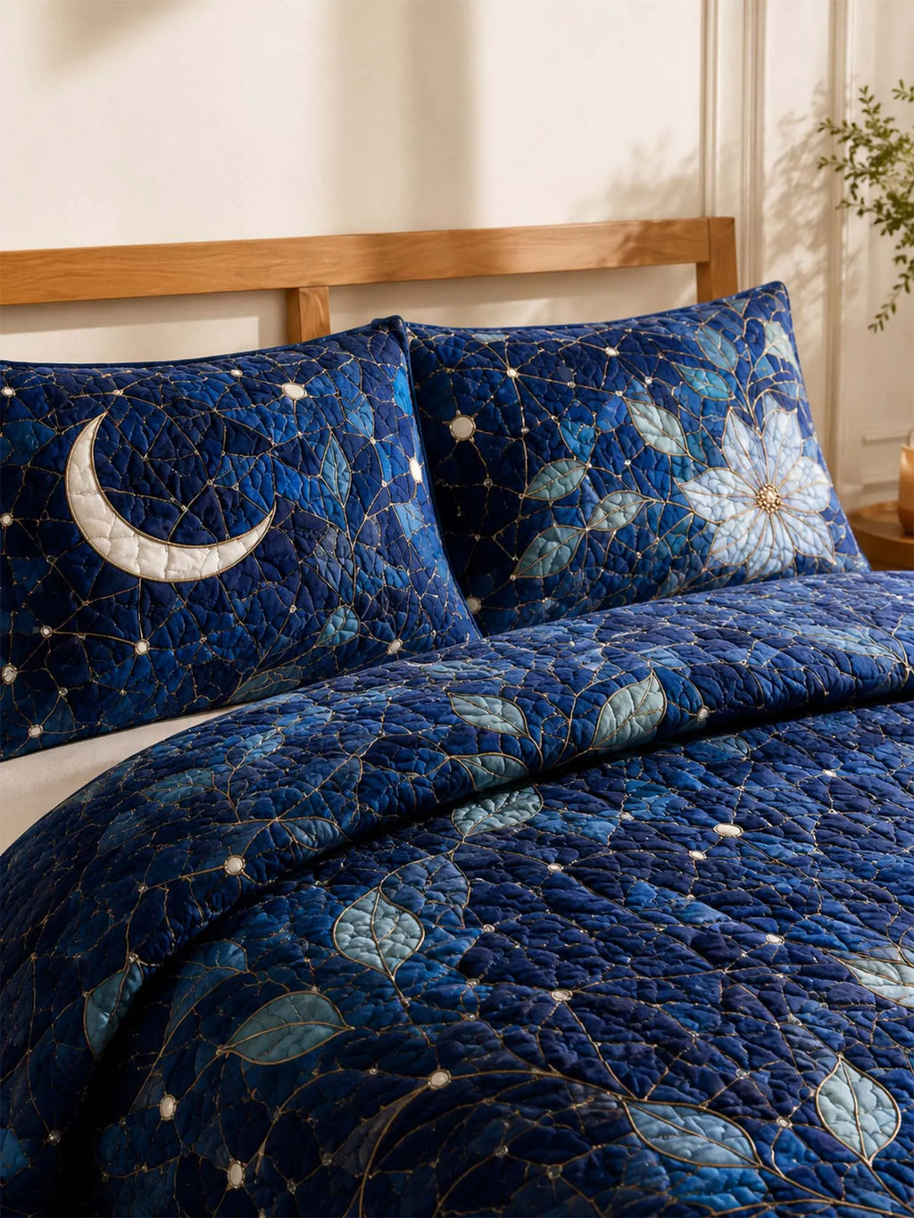 Moonlit Floral Quilted 3-Piece Bedding Set – Celestial Botanical Quilted Bedding With Matching Pillow Shams