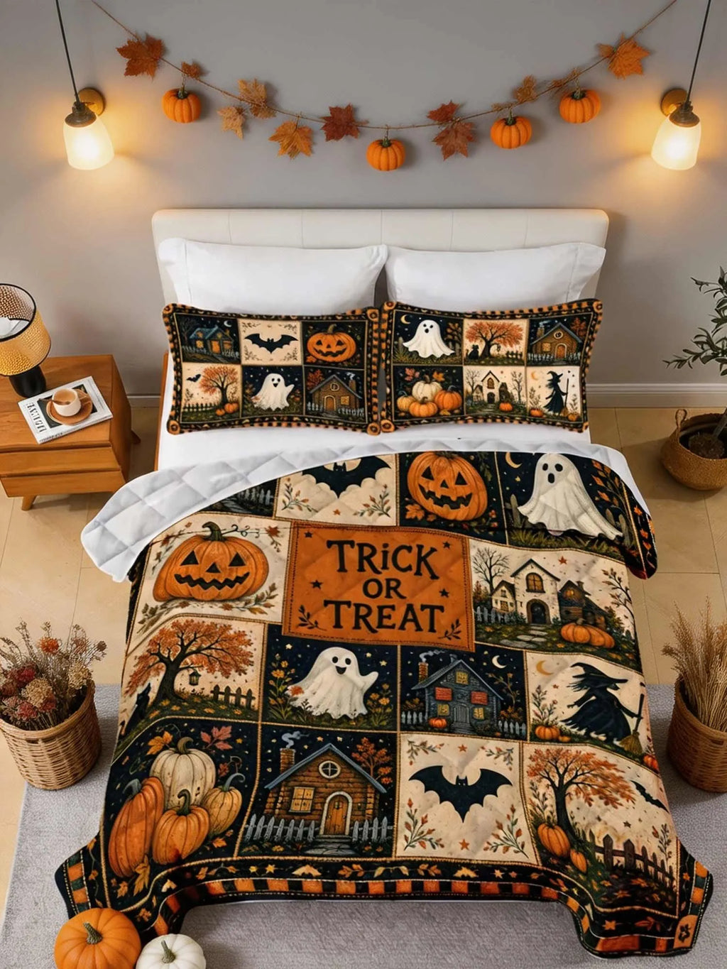 Halloween Trick Or Treat Patchwork Quilted 3‐Piece Bedding Set