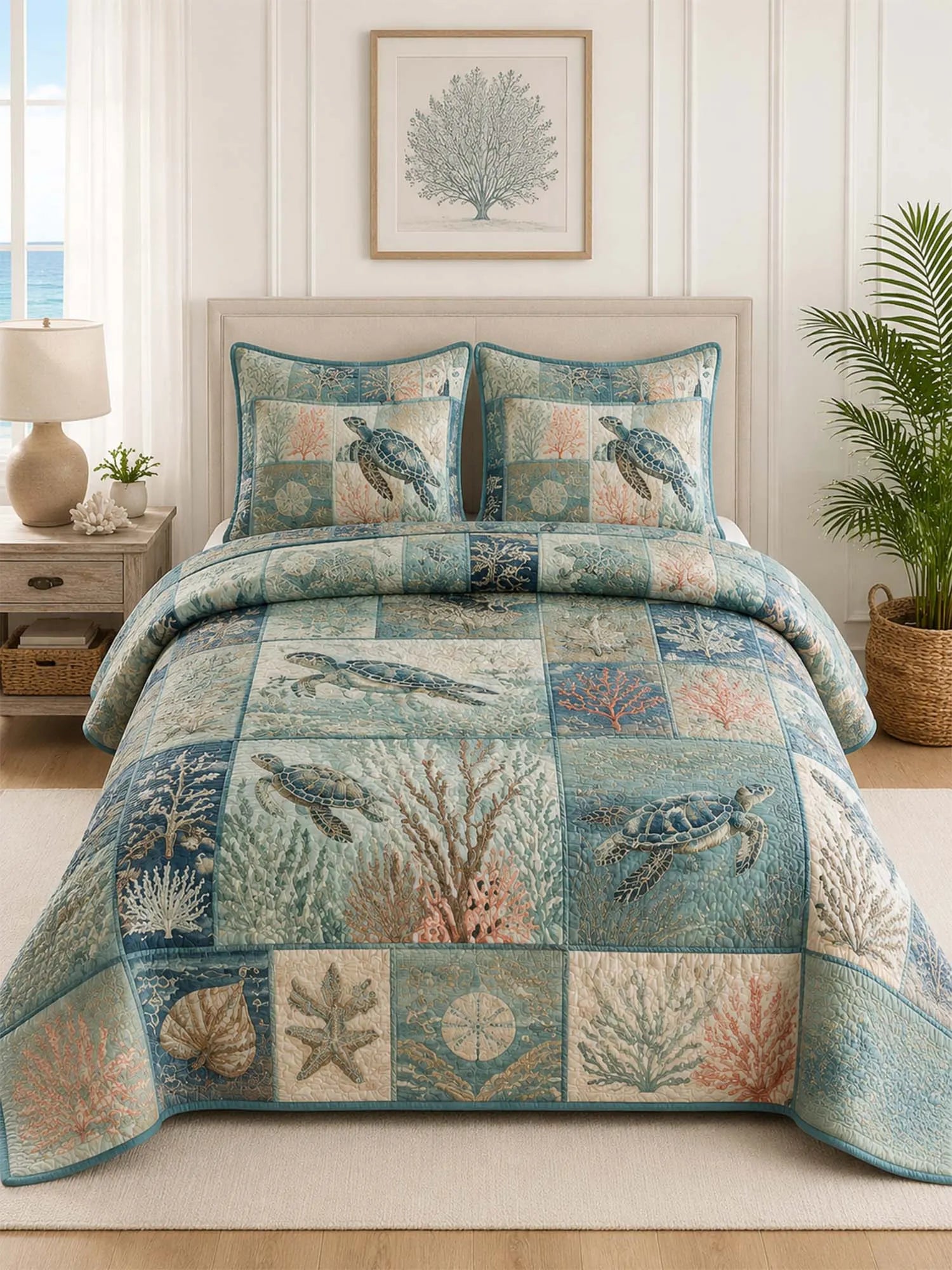 Sea Turtle Quilted 3-Piece Bedding Set – Classic Americana Quilted Bedding With Matching Pillow Shams