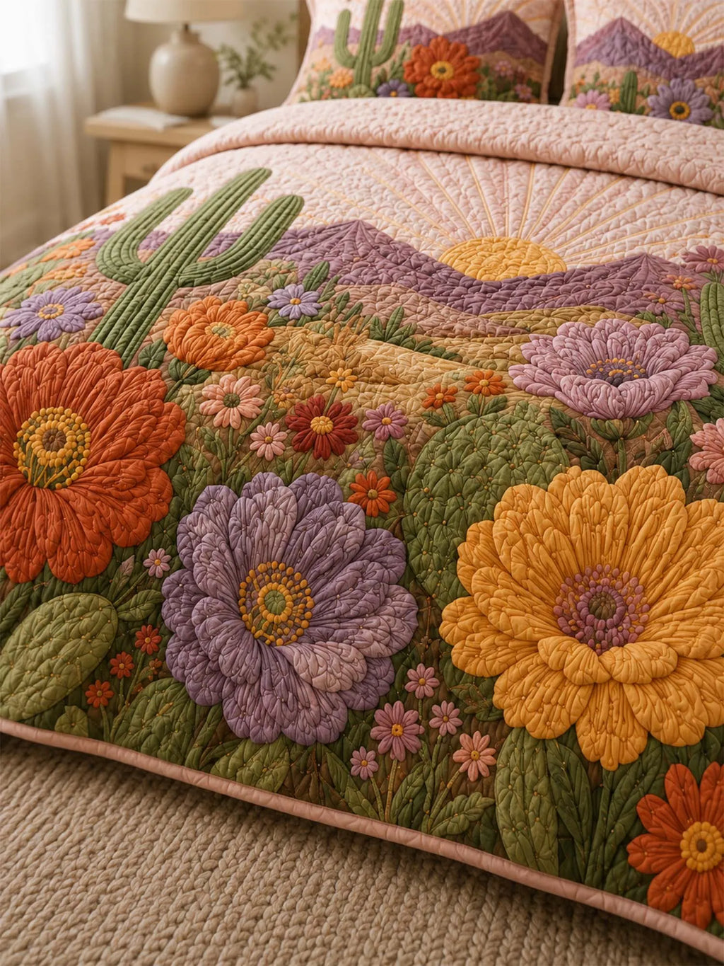 Desert Cactus Floral Quilted 3-Piece Bedding Set – Rustic Southwestern Quilted Bedding with Matching Pillow Shams