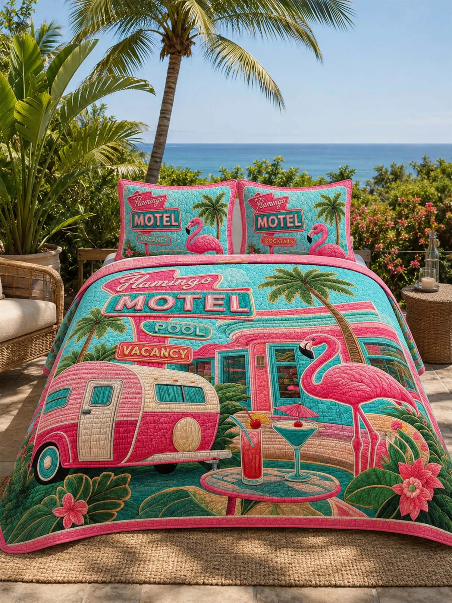 Flamingo Motel Tropical Paradise Quilted 3-Piece Bedding Set