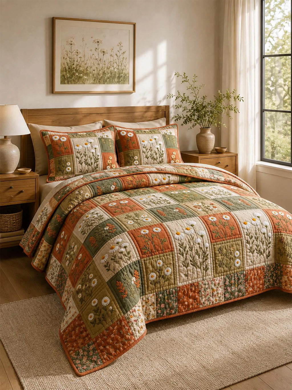 Daisy Cottage Garden Quilted 3-Piece Bedding Set