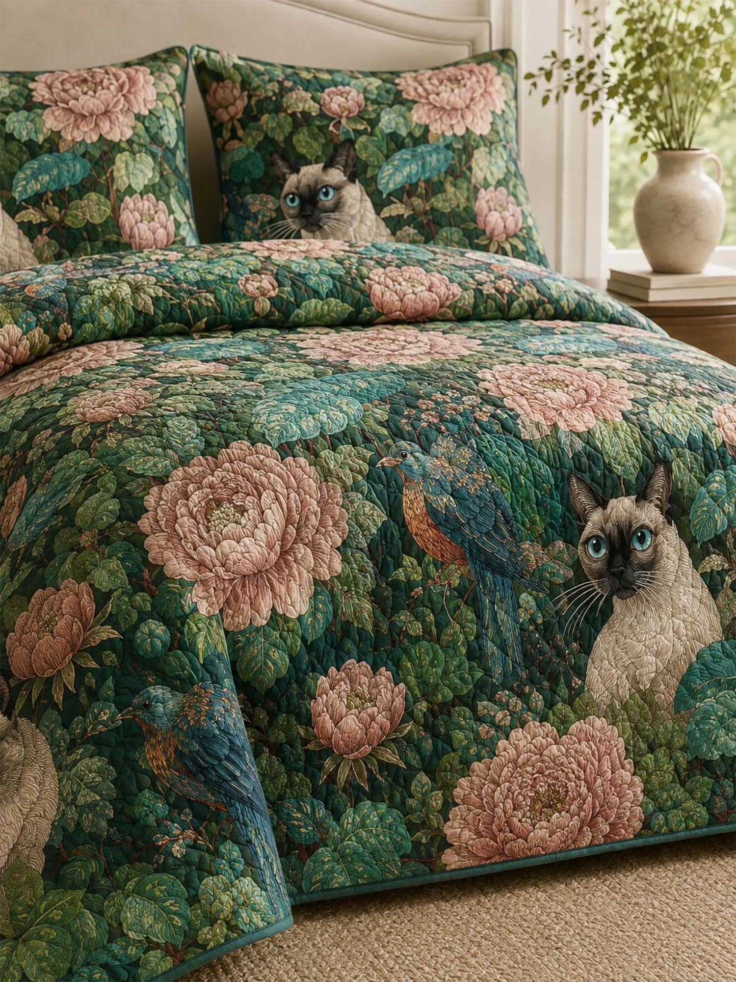 Siamese Cat Floral Garden Quilted 3-Piece Bedding Set