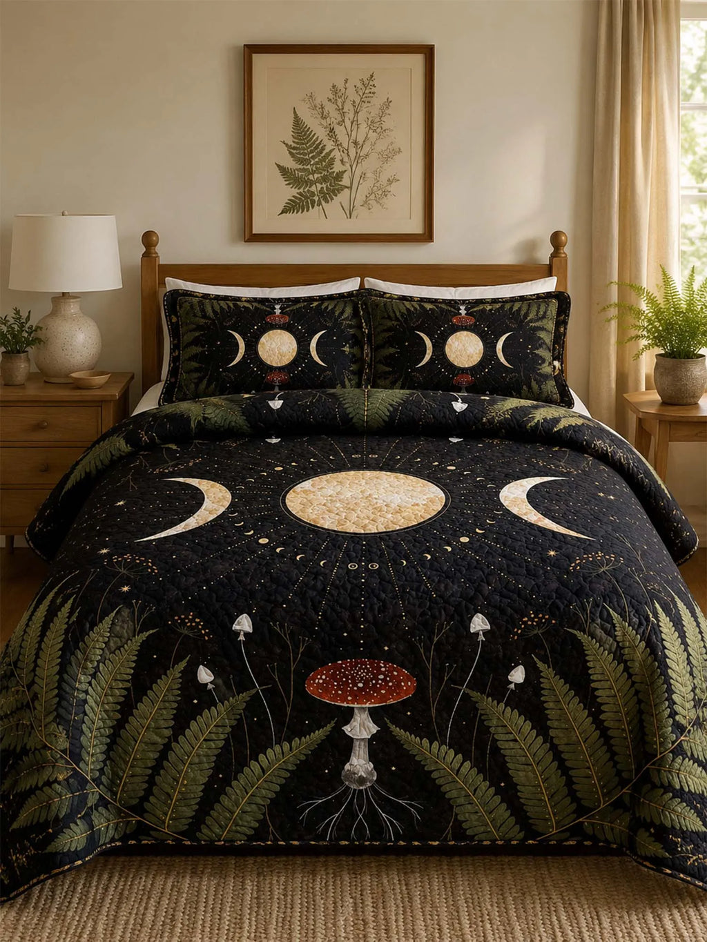 Moonlit Mushroom Forest Quilted 3-Piece Bedding Set – Dark Botanical Quilted Bedding With Matching Pillow Shams