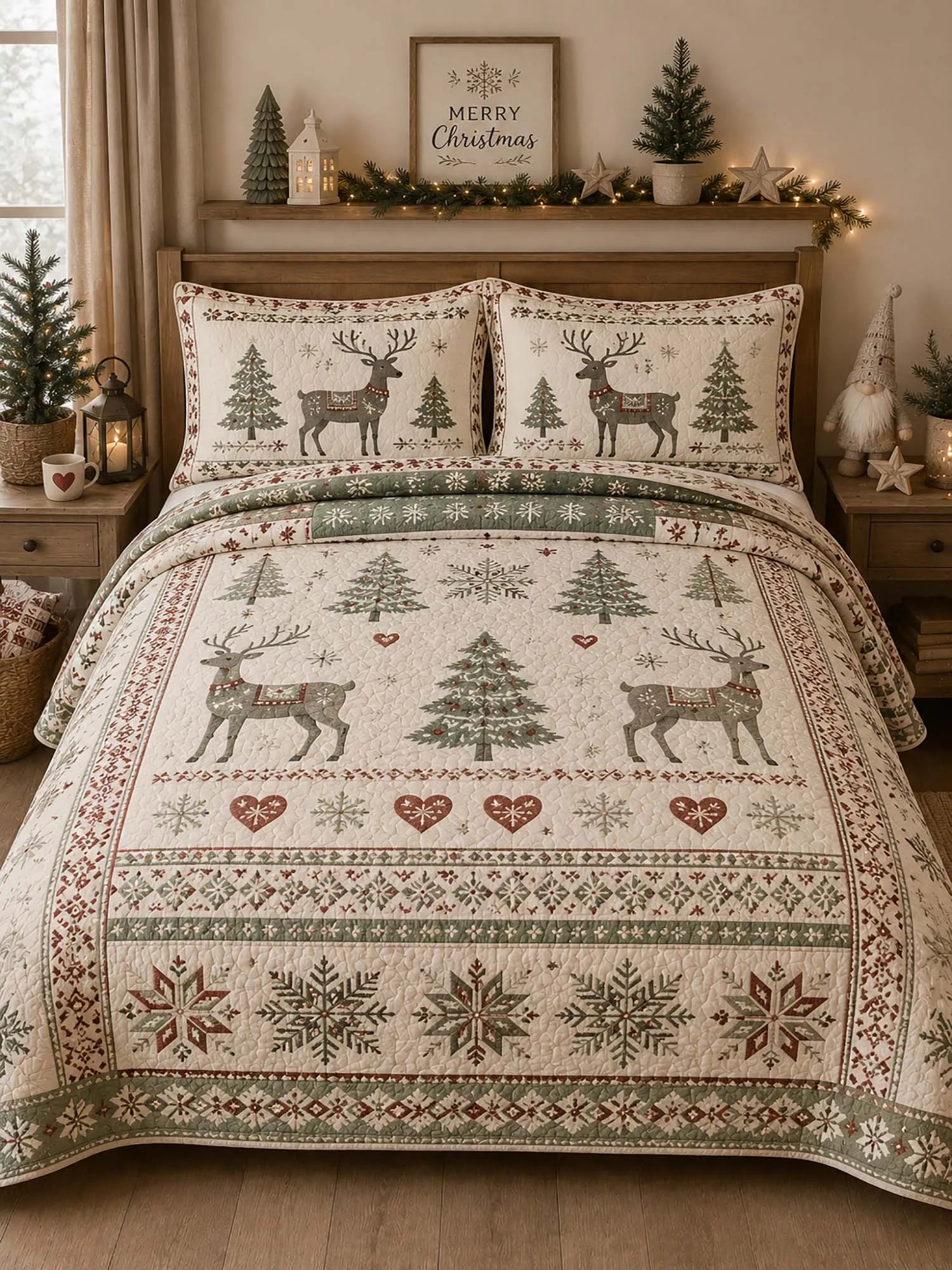 Reindeer Tree Nordic Folk Christmas 3‐Piece Quilted Bedding Set