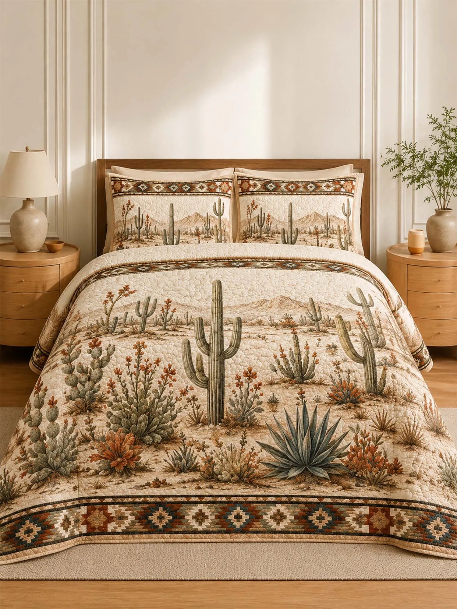Desert Cactus Quilted 3-Piece Bedding Set – Natural Farmhouse Quilted Bedding with Matching Pillow Shams