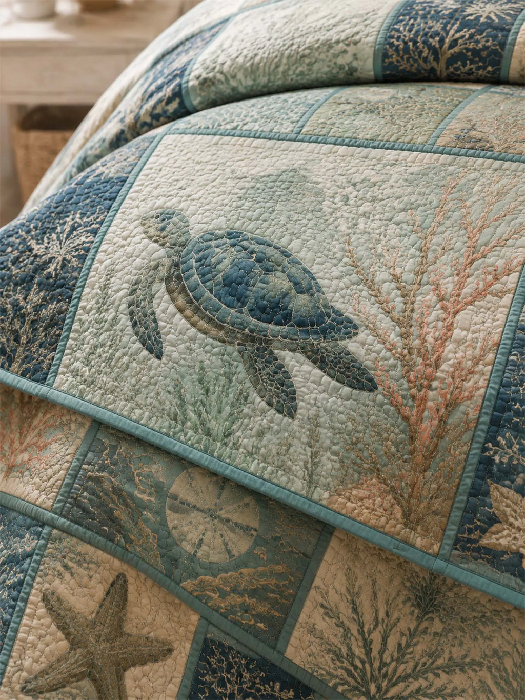 Sea Turtle Quilted 3-Piece Bedding Set – Classic Americana Quilted Bedding With Matching Pillow Shams