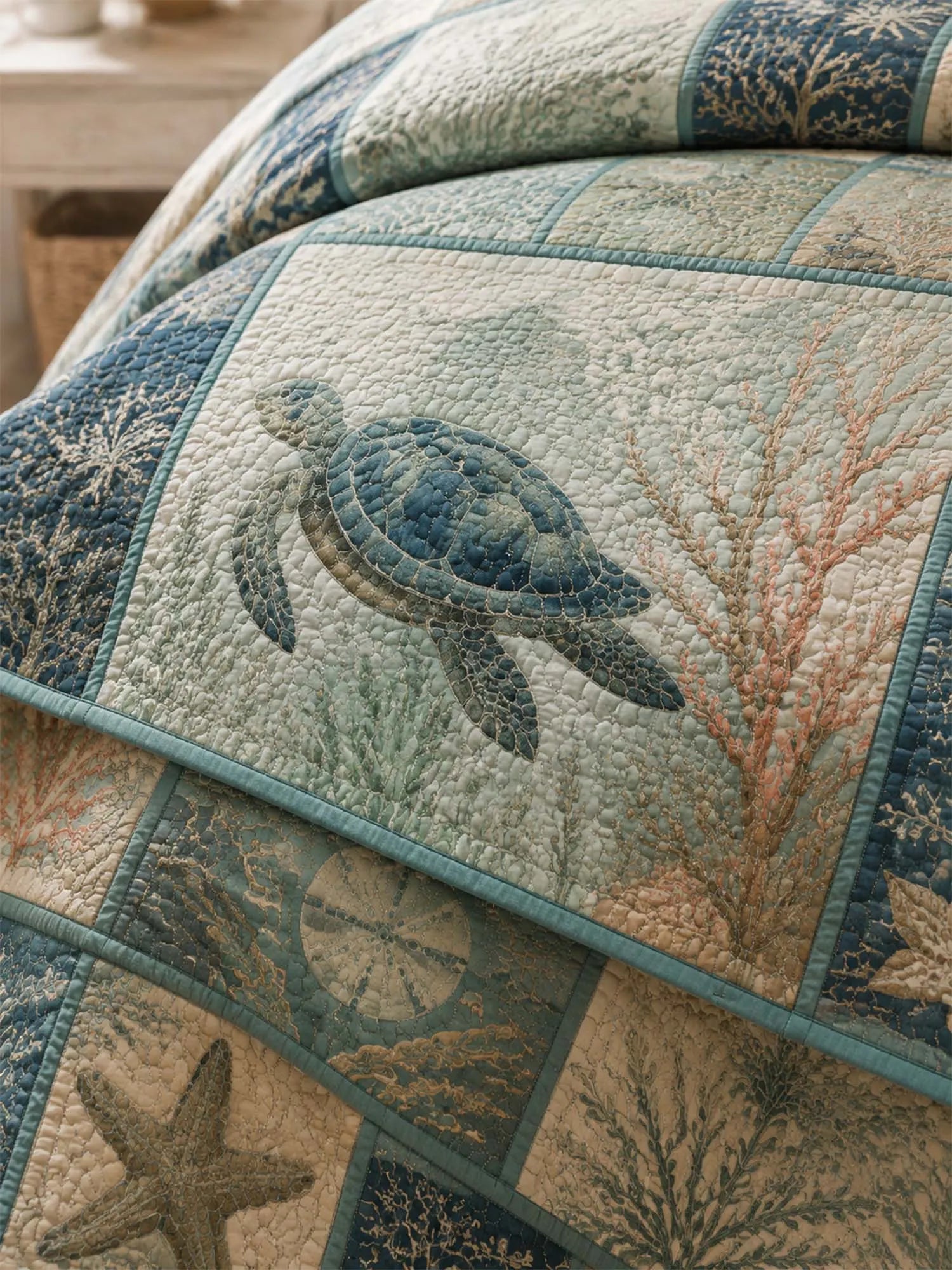 Sea Turtle Quilted 3-Piece Bedding Set – Classic Americana Quilted Bedding With Matching Pillow Shams