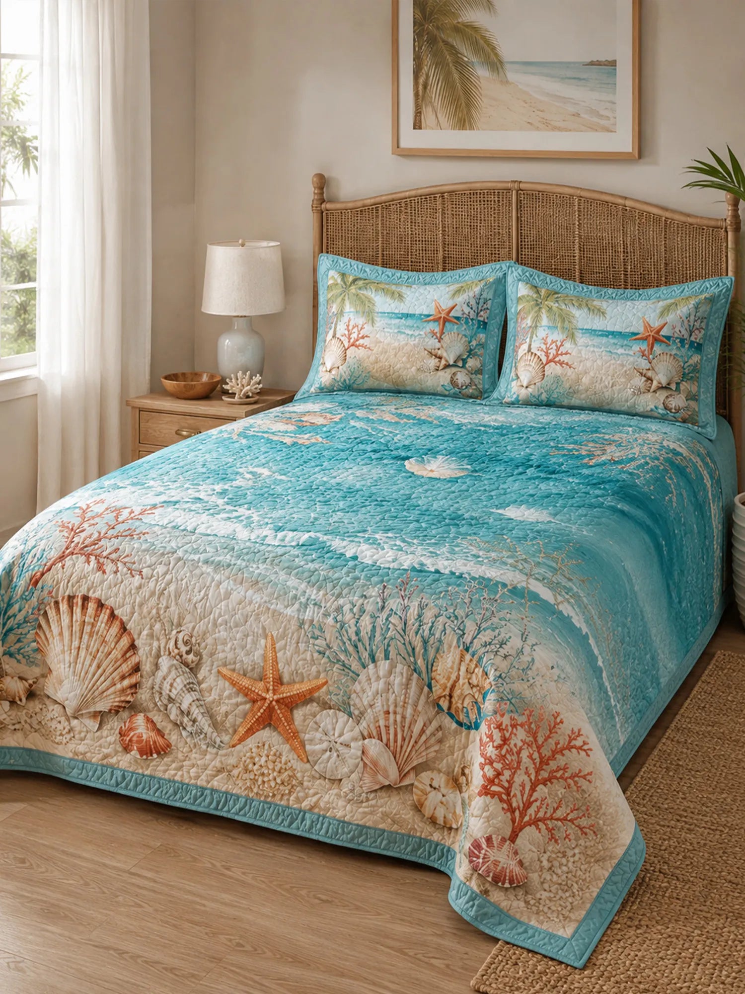 Seashells and Starfish on the Shore 3-Piece  Quilted Bedding Set