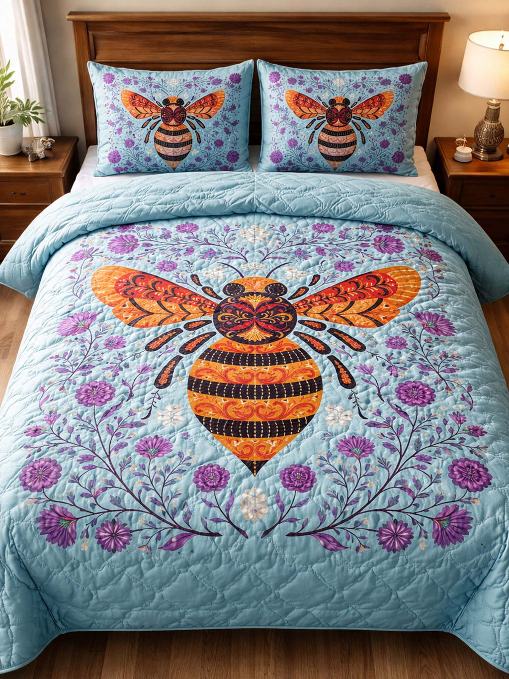 Bees And Flowers 3- Piece Quilted Bedding Set