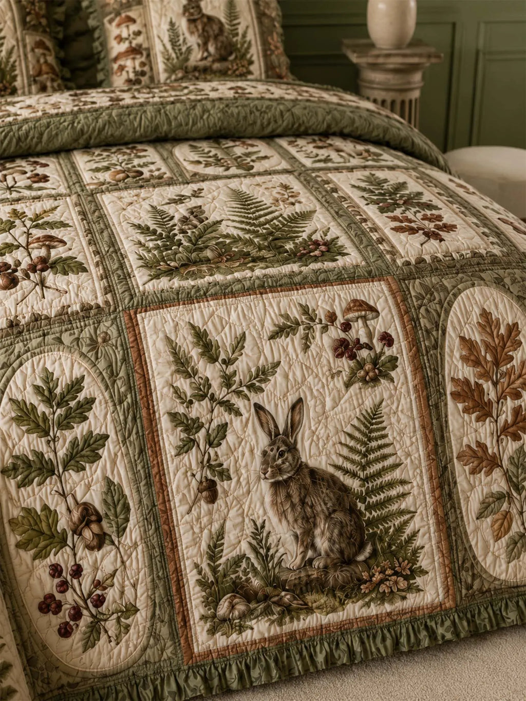 Woodland Rabbit Quilted 3-Piece Bedding Set – Classic Americana Quilted Bedding With Matching Pillow Shams
