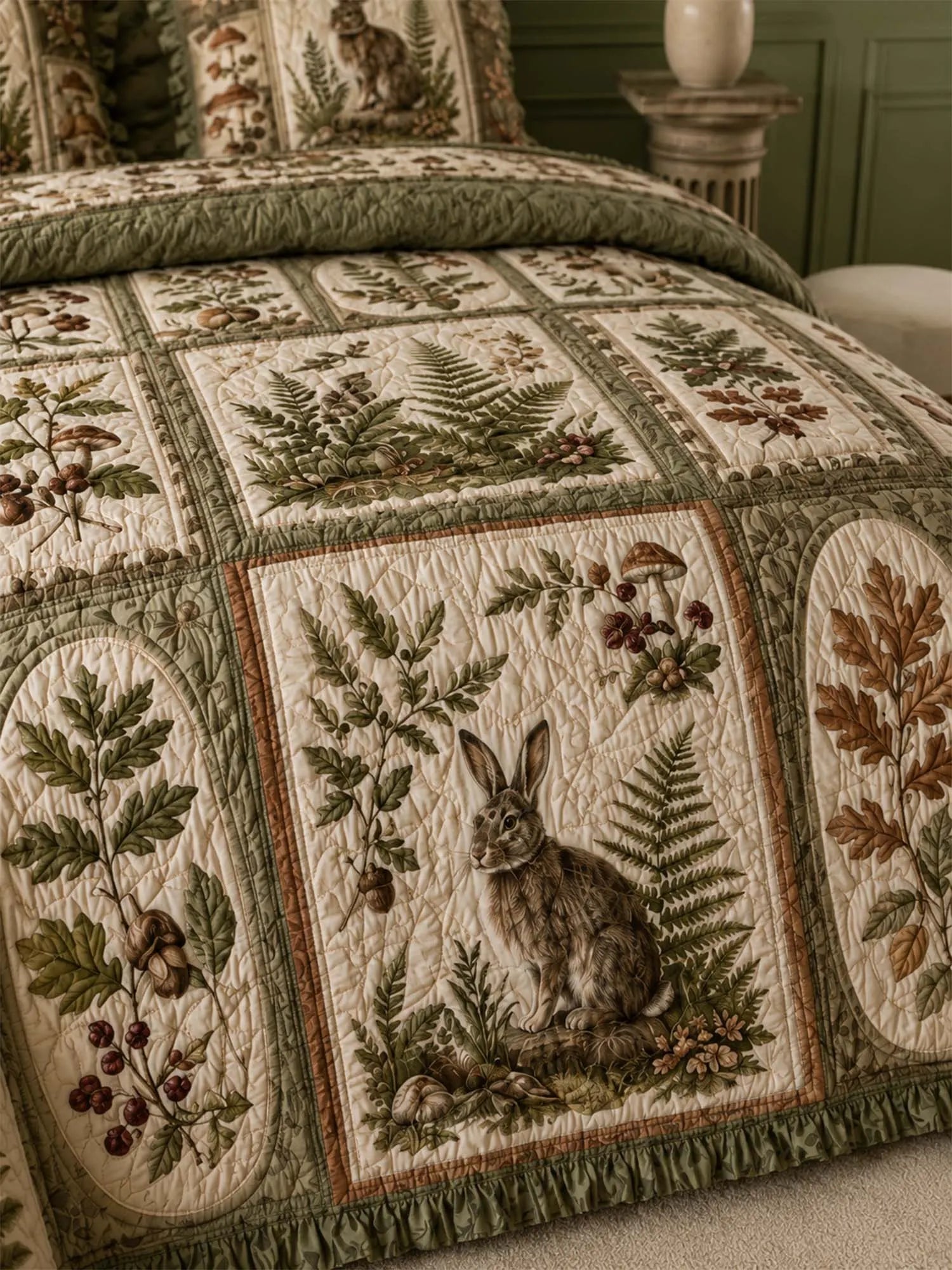 Woodland Rabbit Quilted 3-Piece Bedding Set – Classic Americana Quilted Bedding With Matching Pillow Shams