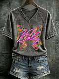 V Neck Retro Butterfly Dolly Queen Of Country Print T-Shirt