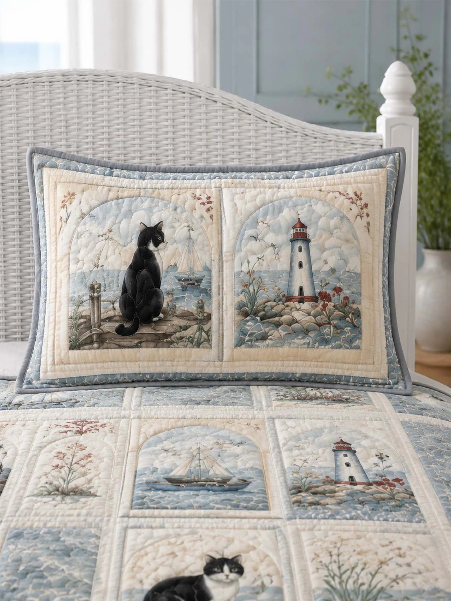 Coastal Lighthouse Cat Quilted 3-Piece Bedding Set