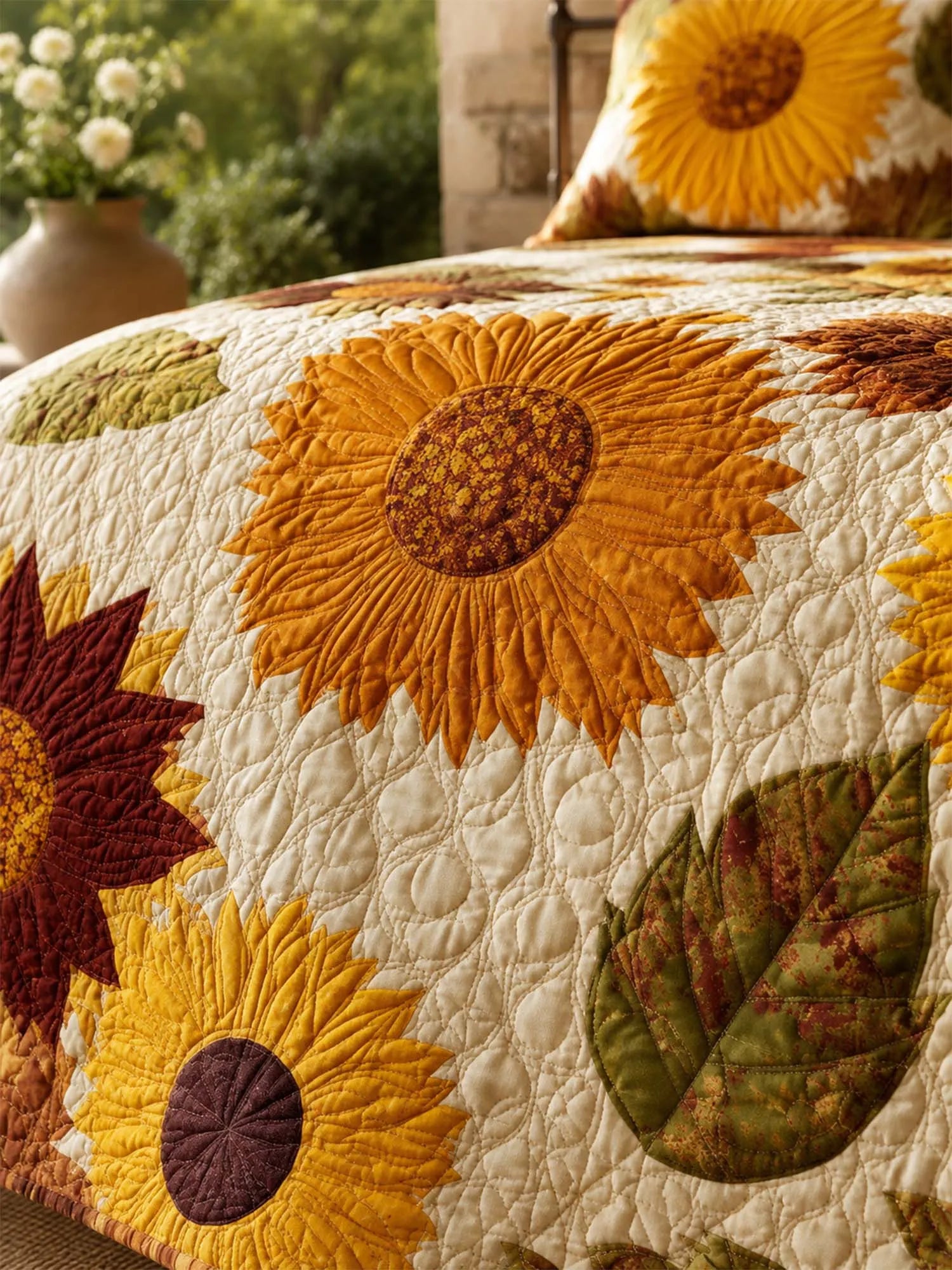 Sunflower Floral Quilted 3-Piece Bedding Set – Luxury Quilted Bedding With Matching Pillow Shams
